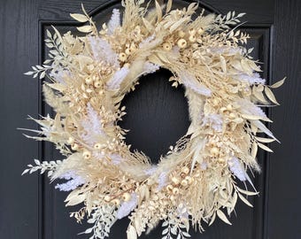 Neutral Fall Wreath for Front Door, Autumn Door Decor, Cream Fall Foliage Wreath, Wheat Wreath with Berries, Housewarming Gift, Gift for Her