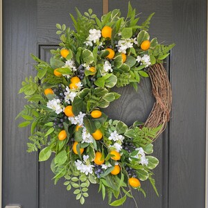 Lemon Wreath for Front Door, Summer Wreath with Lemons, Blueberry Wreath for Spring, White Hydrangea wreath, Housewarming Gift, Gift for Her