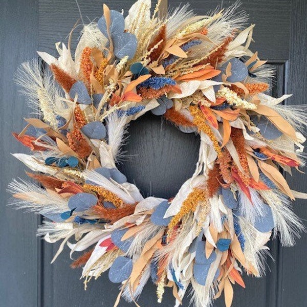 Fall Corn Husk Wreath for Front Door, Autumn Boho Pampas Grass Wreath, Fall Foliage Wreath with Rust Orange and Navy Blue, Housewarming Gift