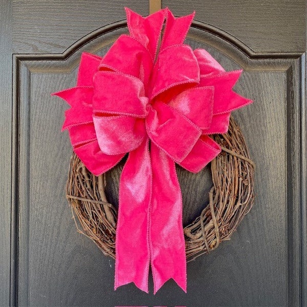 Hot Pink Velvet Bow for Wreath, Velvet Bow for Lantern, Swag Bow, Mailbox Bow, Pink Bow for Home Decor, Spring Bow, Summer Bow, Gift Bow