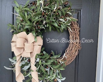 Olive Branch Wreath for Front Door, Year Round Greenery Wreath, Everyday Farmhouse Wreath, All Seasons Welcome Wreath, Housewarming Gift