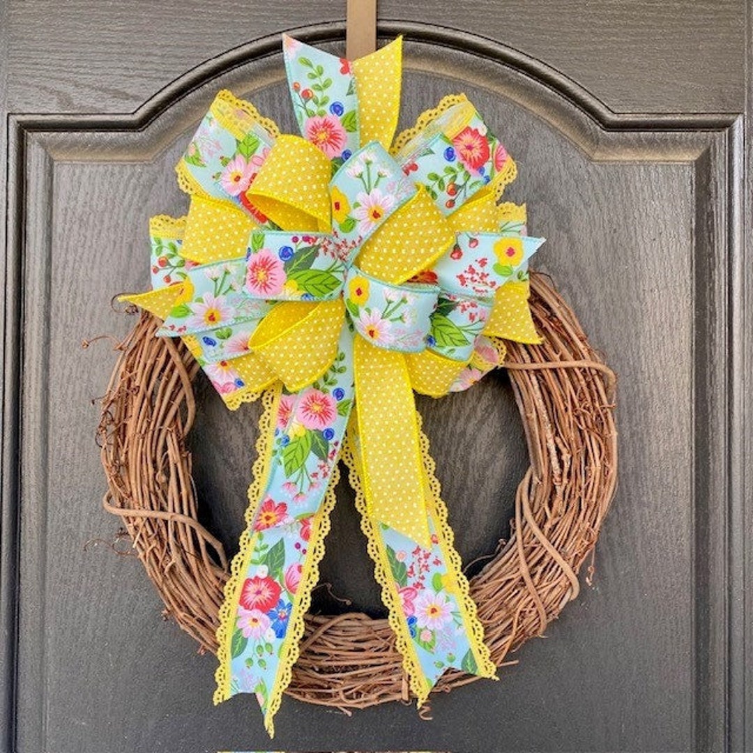 Large Spring Floral Bow, Yellow and Blue Bow for Wreath, Large Wreath ...