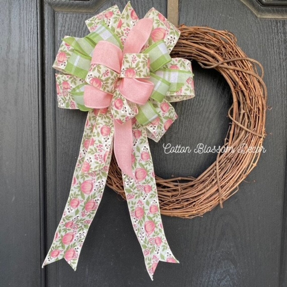 Large Bow for Wreath, Pink Wreath Bow, Spring Bow With Flowers, Bow for ...