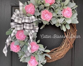 Lambs ear Wreath with Pink Flowers, lambs ear, farmhouse wreath, spring wreath, gifts for her, home decor, wreath, lambs ear wreath
