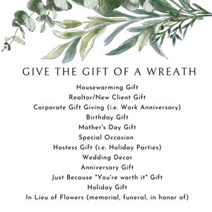May include: White background with green watercolor eucalyptus and text: "GIVE THE GIFT OF A WREATH." Gift ideas include housewarming, birthday, and holiday gifts, and wedding decor.