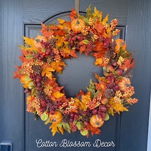 Fall Wreath for front door, Autumn Wreath for Front Door, Fall Wreath with Pumpkins, Fall Foliage Wreath, Fall Decor, Farmhouse Fall Wreath