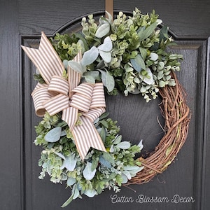 Year Round Wreath with Lambs Ear, Olive Branch Wreath for Front Door, Farmhouse Style Wreath with Eucalyptus, All Seasons Greenery Wreath