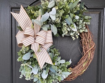 Year Round Wreath with Lambs Ear, Olive Branch Wreath for Front Door, Farmhouse Style Wreath with Eucalyptus, All Seasons Greenery Wreath