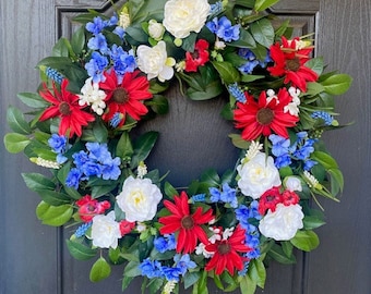 Patriotic Wreath, 4th of July Wreath, Red White and Blue Wreath, Welcome Wreath, Wreath for Front Door, Summer Wreath, Everyday Wreath