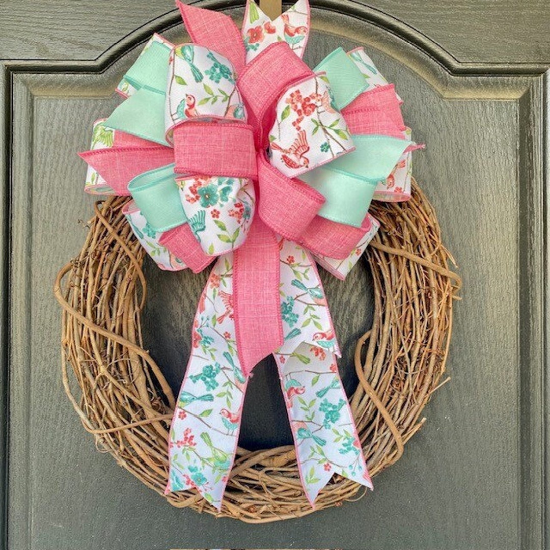 Floral Wreath Bow: Pink, Blue, and Bird Print Ribbon - Etsy