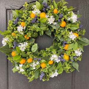 Summer Wreath with Lemons Blueberries and White Flowers, Greenery Wreath with Lemons and Mint for Front Door, Lemon Decor, Housewarming Gift