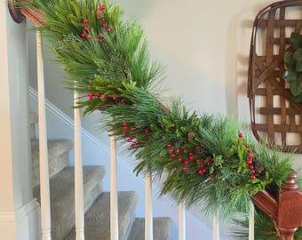 Classic Pine and Berry Christmas Garland, Greenery Garland with Cedar, Norfolk Pine Garland for Mantel, Holiday Garland for Table or Stairs
