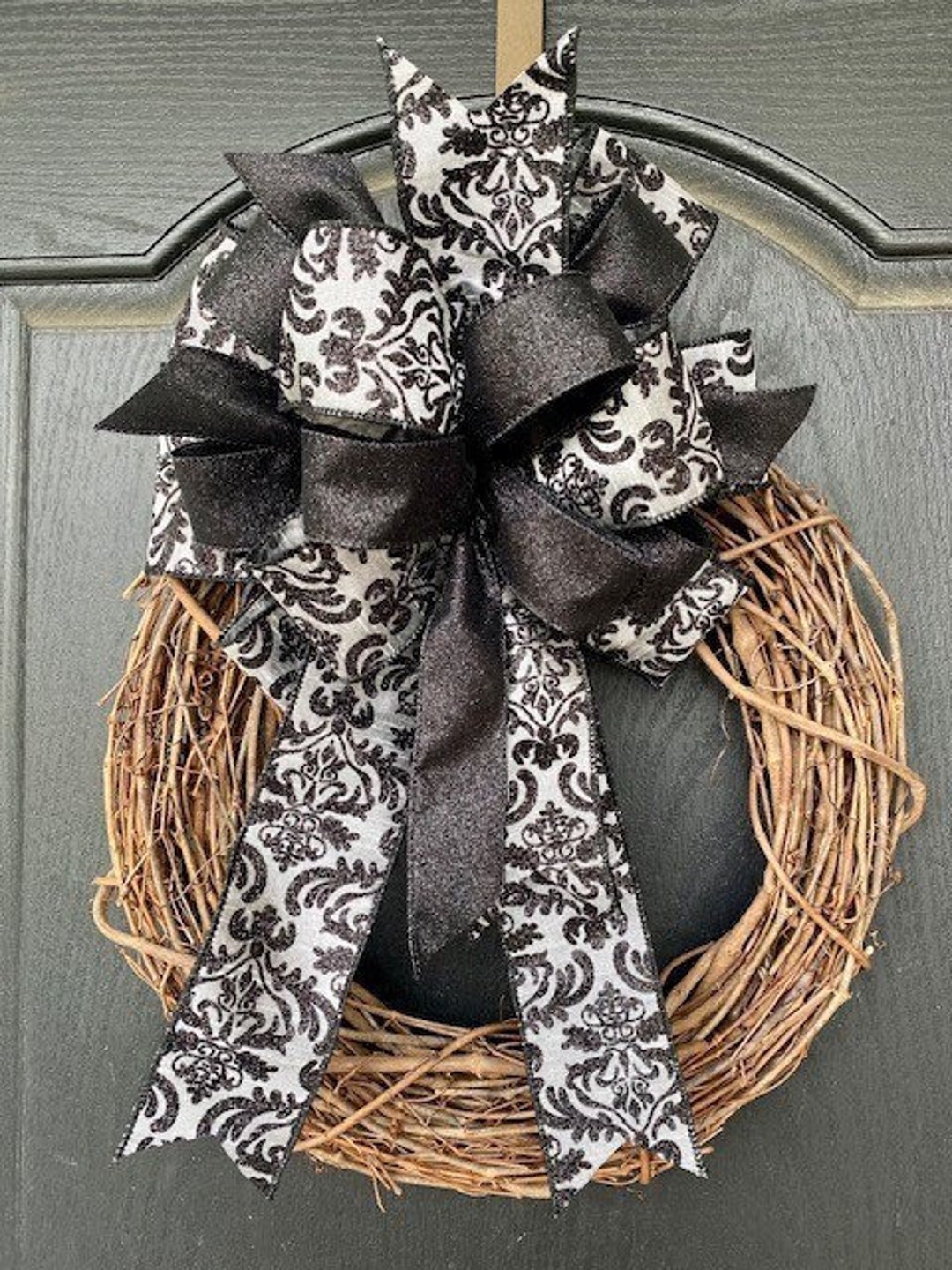 Black and Silver Bow for Wreath, Large Black Wreath Bow, Year Round Bow