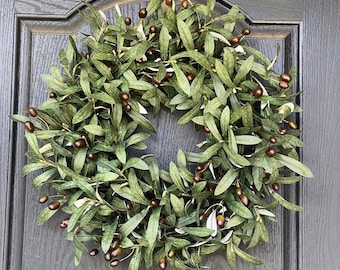 Olive Branch Wreath for Front Door, Year Round Greenery Wreath, All Seasons Wreath with Olive Branches, Housewarming Gift, Hostess Gift