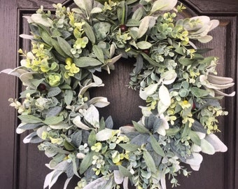 Farmhouse Wreath, Lambs Ear Wreath, Boxwood Wreath, Olive Branch Wreath, Farmhouse Door Decor, Year Round Wreath, Farmhouse Style Wreath