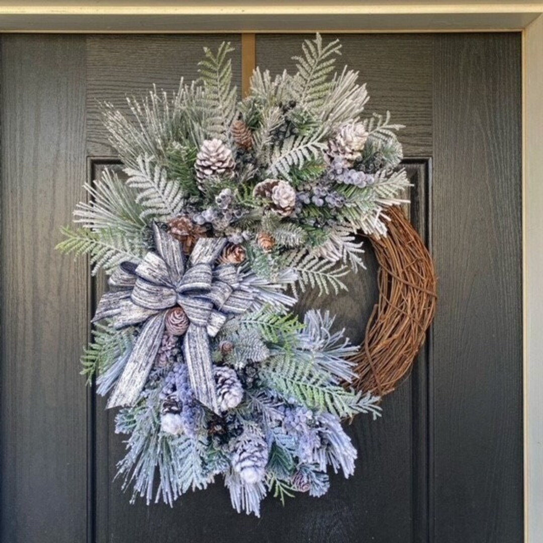Large Christmas Wreath for Front Door, Flocked Winter Wreath With Blue ...