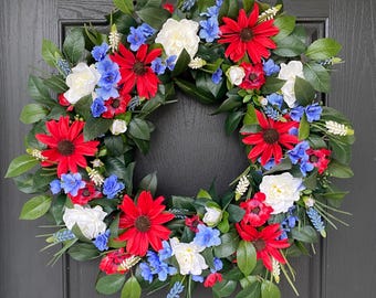 Patriotic Wreath, 4th of July Wreath, Red White and Blue Wreath, Welcome Wreath, Wreath for Front Door, Summer Wreath, Everyday Wreath