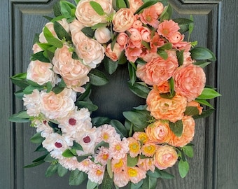 Spring Wreath with Peach Flowers, Eucalyptus Wreath for Front Door, Cottage Style Wreath for Spring, Coral Flower Wreath, Housewarming Gift