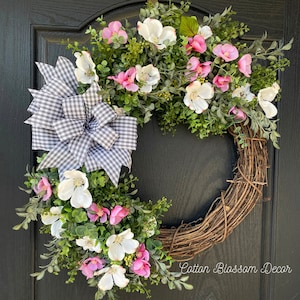 Farmhouse Wreath, Dogwood Wreath, Spring Wreath, Summer Wreath, Front Door Wreath, Wreath, Spring, Gingham, Greenery Wreath, Farmhouse Decor