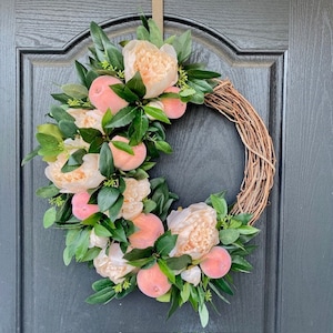 Wreath with Peaches, Eucalyptus Spring Wreath for Front Door, Peony Wreath for Spring, Summer Wreath with Peaches, Housewarming Gift for Her