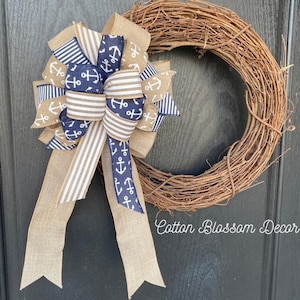 Nautical Bow for Wreath, Anchor Decor Bow, Large Navy Bow with Anchors,  Lake House Decor,  Beach Themed Bow, Costal Decor Bow, Bow for Gift
