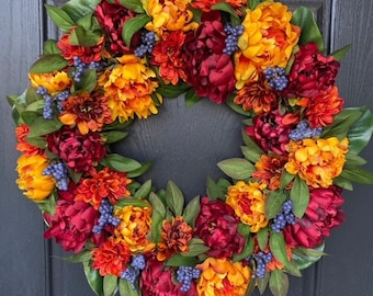 Large Fall Wreath for Front Door, Autumn Mum Wreath, Blue and Orange Fall Door Decor, Fall Wreath with Magnolia Leaves, Housewarming Gift