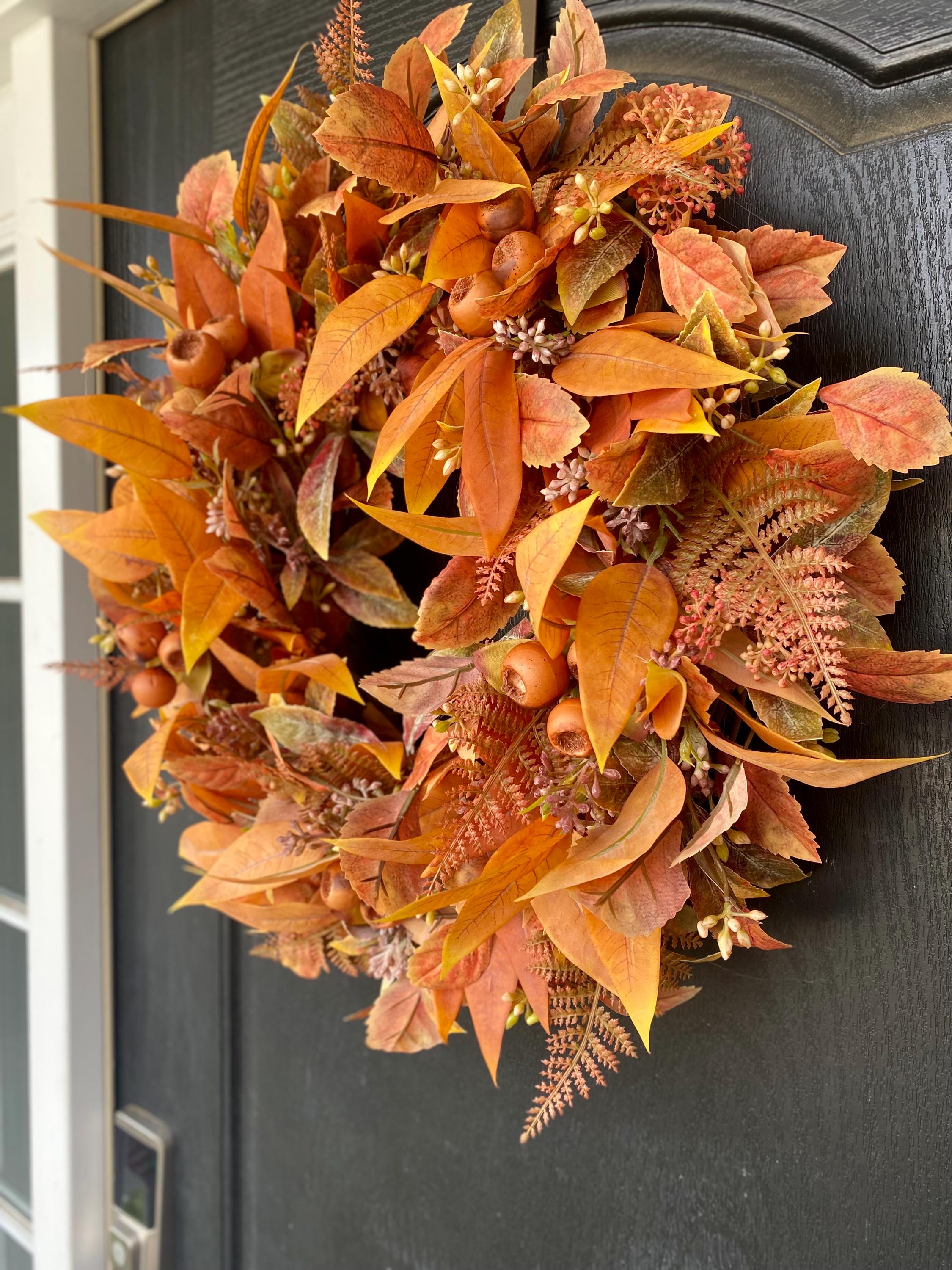 Fall Foliage Wreath for Front Door, Orange Wreath for Fall, Eucalyptus ...