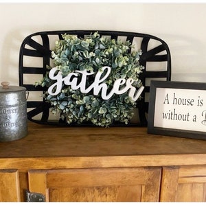 Farmhouse Basket with Wreath,Black Basket, Tobacco Basket, Boxwood Wreath, Farmhouse, Farmhouse Decor, Gather, Home Decor, Gifts for her