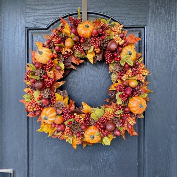 Fall Wreath for Front Door, Fall Foliage Wreath with Berries, Autumn Door Decor, Fall Pumpkin Wreath with Leaves, Housewarming Gift for Her
