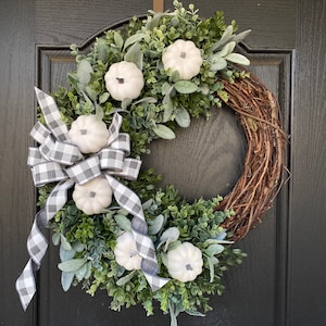 Fall Wreath for Front Door,  Fall Farmhouse Decor,  Autumn Wreath with Lambs Ear, Fall Greenery Wreath with White Pumpkins, Fall Door Decor