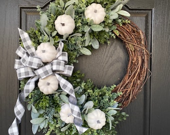 Fall Wreath for Front Door,  Fall Farmhouse Decor,  Autumn Wreath with Lambs Ear, Fall Greenery Wreath with White Pumpkins, Fall Door Decor