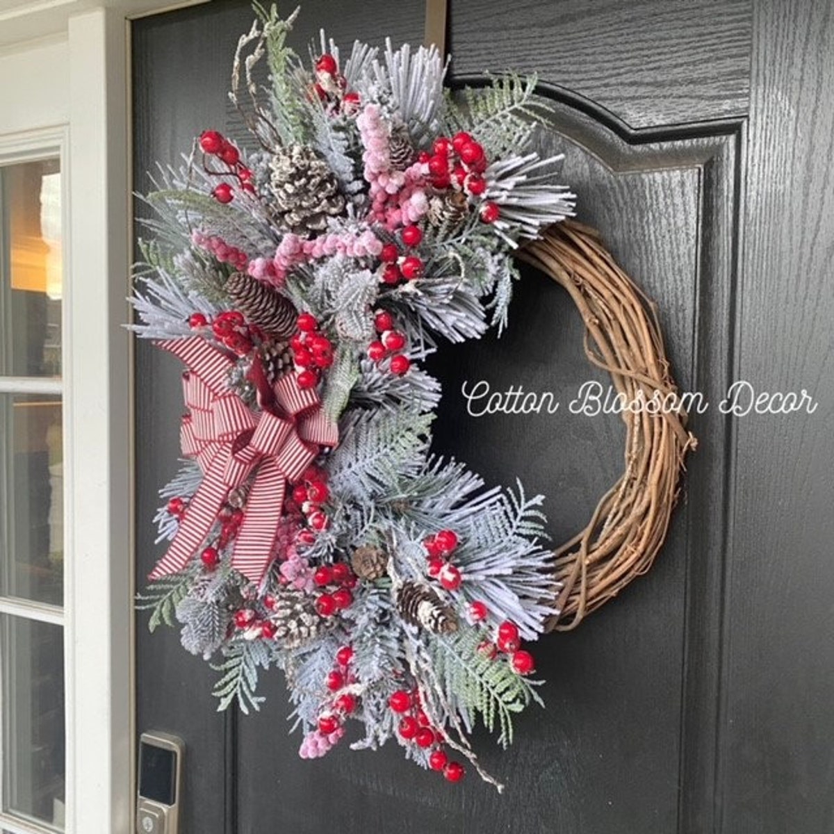 Christmas Wreath for Front Door, Flocked Winter Wreath With Red Berries, Holiday Wreath, Flocked Pine Wreath, Front Door Wreath for Winter - Etsy