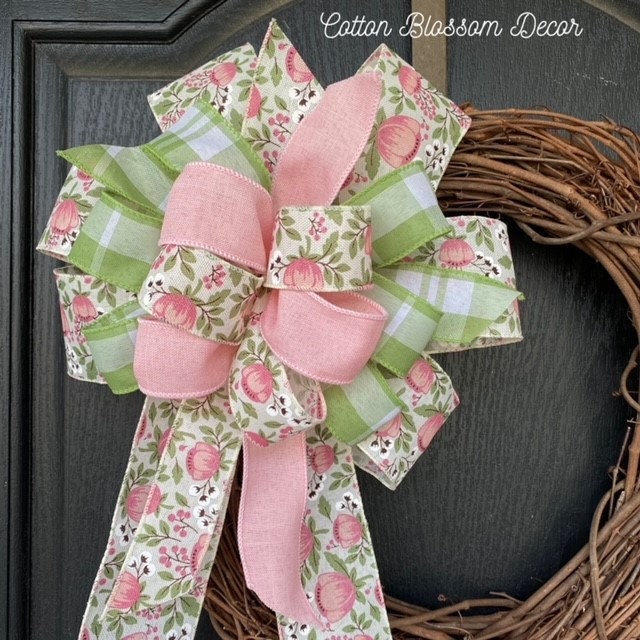 Large Bow for Wreath, Pink Wreath Bow, Spring Bow With Flowers, Bow for ...