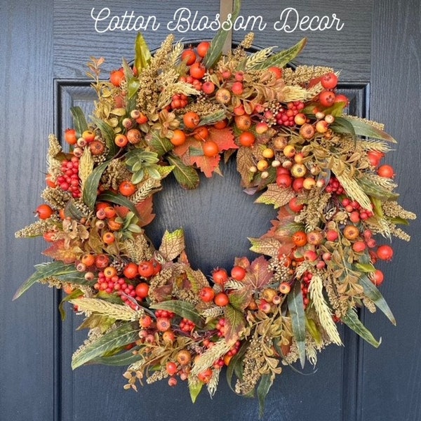 Fall Wreath for front door, Autumn Wreath for Front Door, Fall Wreath with Pumpkins, Fall Foliage Wreath, Fall Decor, Farmhouse Fall Wreath