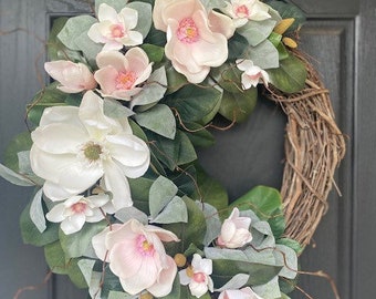 Magnolia Flower Wreath For Front Door, Natural Year Round Greenery Magnolia Wreath, Spring Magnolia Blossoms, CottageCore, Housewarming Gift