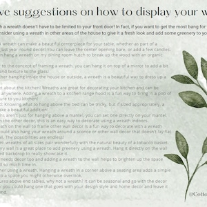 May include: A decorative graphic with text offering creative suggestions on how to display wreaths. The text is in a handwritten style and includes ideas for using wreaths in various areas of the home, such as on a table, cabinet, or window.