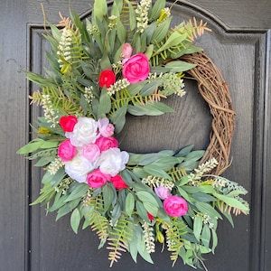 Spring Wreath for Front Door, Eucalyptus Wreath for Spring, Spring Flower Wreath, Pink Floral Wreath with Ferns, Housewarming Gift for Her