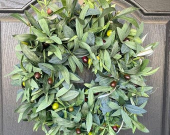 Olive Branch Wreath for Front Door, Year Round Greenery Wreath, All Seasons Wreath with Olive Branches, Housewarming Gift, Hostess Gift