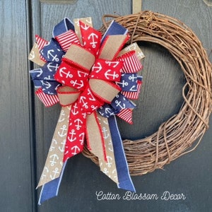 Nautical Bow for Wreath, Red, White and Blue Bow, Lake Themed Wreath Bow, Lantern Bow with Anchors, Costal Beach Bow, Large Bow with Anchors