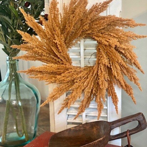 Mini Boho Orange Wheat Wreath, Neutral Grass Wreath for Indoor Decor, Small Year Round Wreath for Kitchen, Candle Ring, Centerpiece Wreath