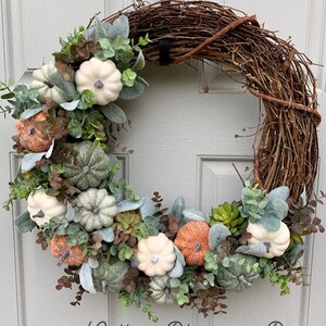 Fall Wreath, Pumpkins and Succulents, Pumpkin Wreath, Succulent Wreath, Lambs ear and Pumpkins, Farmhouse Wreath, Door Decor, Lambs Ear