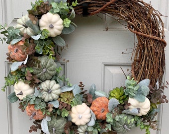 Fall Wreath, Pumpkins and Succulents, Pumpkin Wreath, Succulent Wreath, Lambs ear and Pumpkins, Farmhouse Wreath, Door Decor, Lambs Ear
