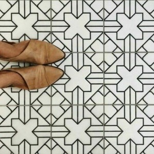 Full Tile Sample: Alhambra Palacio  Black White Moroccan Patterned Porcelain Wall & Floor Tiles