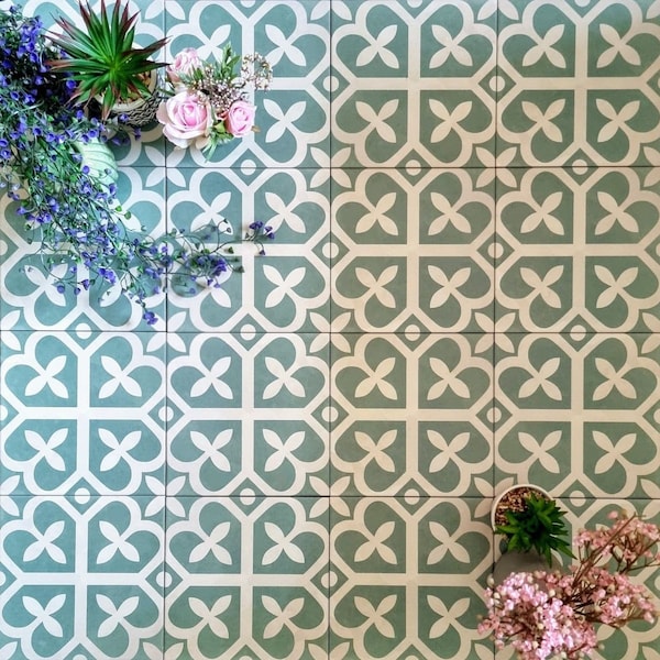 Full Tile Sample: Iris Green Moroccan Victorian Patterned Wall & Floor Tiles