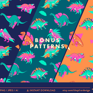 May include: Three seamless patterns featuring colorful dinosaurs with geometric shapes on a teal, orange, and navy blue background. The text "Bonus Patterns" is in the center of the image.
