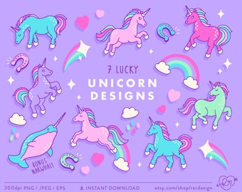 Puede incluir: Siete ilustraciones de unicornios coloridos con arcoíris, estrellas, corazones y herraduras. El texto "7 LUCKY UNICORN DESIGNS" está en el centro de la imagen. El texto "BONUS NARWHAL!" está en la esquina inferior izquierda de la imagen.