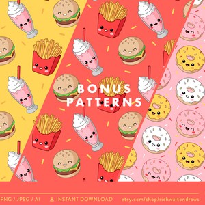May include: Three seamless patterns featuring cute cartoon food. The first pattern is yellow with a milkshake, burger, and chips. The second pattern is red with a milkshake, burger, and chips. The third pattern is pink with a donut. The text "BONUS PATTERNS" is in the centre of the image.