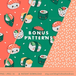 May include: A set of 10 seamless patterns featuring cute cartoon sushi, including salmon, tuna, and avocado rolls. The patterns are in green, pink, and white with a bonus pattern of white rice on a pink background.  The text "Bonus Patterns" is included in the image.