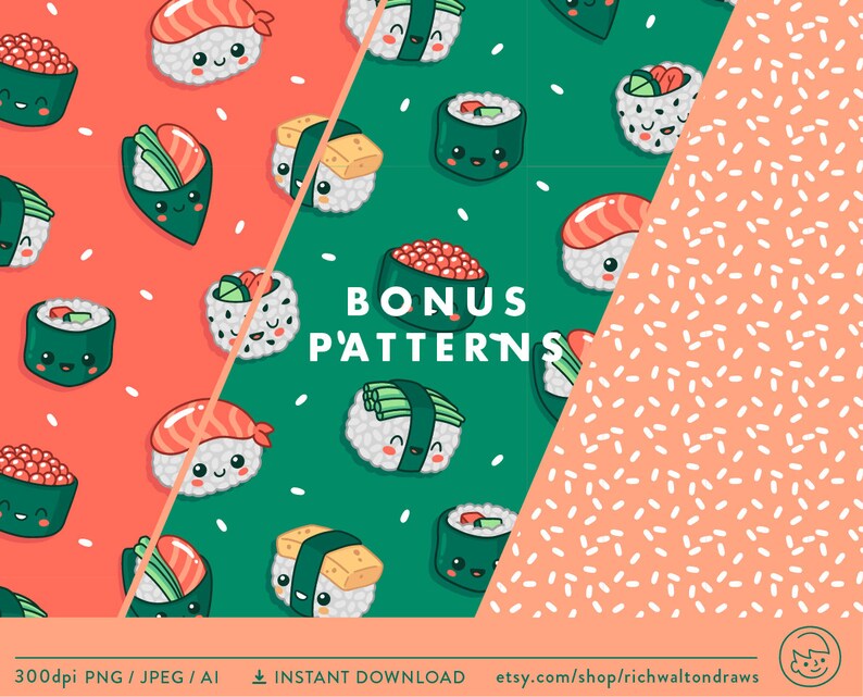 May include: A set of 10 seamless patterns featuring cute cartoon sushi, including salmon, tuna, and avocado rolls. The patterns are in green, pink, and white with a bonus pattern of white rice on a pink background.  The text "Bonus Patterns" is included in the image.