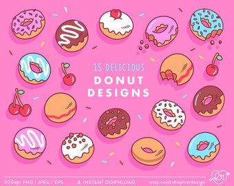 Donut Clip Art, Cake Clipart, 90s Clipart, Donut Illustration, Kawaii Clipart, Doughnut Clipart, Bakery, Commercial Use, Instant Download